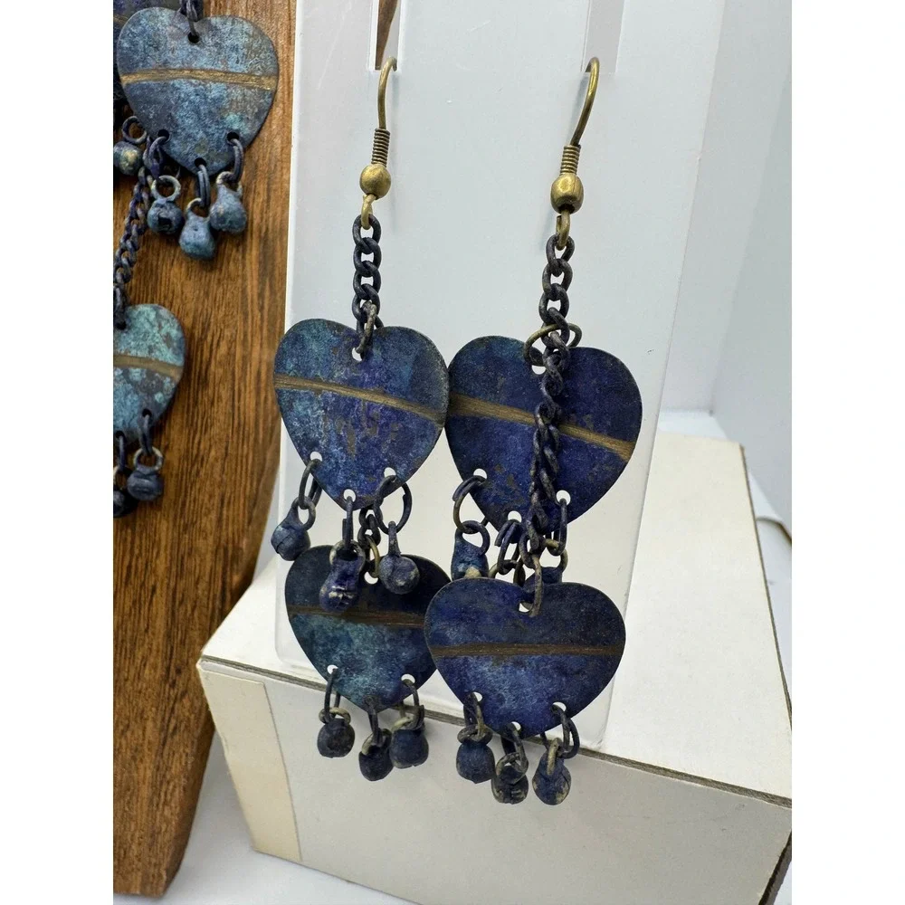Blue Patina Heart Multi Strand Tiered Necklace & Dangle Earrings Jewelry Set Vtg